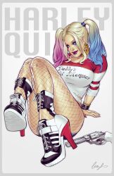 1girls artist_request bad_girl batman_(series) big_breasts blonde_hair blue_eyes blue_eyeshadow blue_hair bracelet clown_girl dc dc_comics dc_extended_universe dceu earrings eyelashes eyeshadow female female_only firearm fishnets fully_clothed gradient_hair gun handgun harley_quinn harley_quinn_(dceu) high_heels kinky lipstick looking_at_viewer pale-skinned_female petite pink_eyeshadow pink_hair pink_lipstick purple_lipstick revolver seductive_eyes seductive_look seductive_mouth solo suicide_squad tagme three_tone_hair torn_clothes twintails two_tone_hair villainess weapon