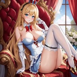 ai_generated alice_in_wonderland alice_liddell bimbo blonde_female blonde_hair heart high_heels princess queen red_clothes red_clothing white_clothes white_clothing