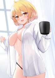 1girls 2023 ahoge black_panties blonde_hair blush breasts cocozasa cowboy_shot cup female hair_between_eyes hair_ornament hairclip highres holding holding_cup hololive hololive_gen_1 hololive_japan large_breasts long_sleeves looking_at_viewer naked_shirt navel no_bra oerba_yun_fang open_clothes open_mouth open_shirt orange_eyes panties puffy_long_sleeves puffy_sleeves see-through see-through_shirt shirt short_hair solo steam stomach underwear virtual_youtuber white_shirt yozora_mel