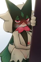 absurd_res anthro areola big_breasts black_body blush breasts female generation_9_pokemon genitals green_body hi_res looking_at_viewer meowscarada nintendo nipples park_horang pokemon pokemon_(species) pokemon_sv purple_eyes pussy solo