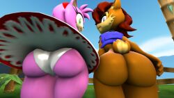 2girls 3d amy_rose anthro ass big_ass big_butt bottomless chipmunk cindablimp dress female female_only hedgehog looking_at_viewer looking_back mobian_(species) sally_acorn sega sonic_(series) sonic_the_hedgehog_(series) thick_thighs wide_hips