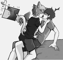 ahoge cat_ears cat_tail catboy extreme_french_kiss hand_under_shirt jazzsexual long_tongue male_only on_bed ond_(jazzsexual) saliva single_wing sitting_on_lap throat_bulge x-ray yaoi zed_(jazzsexual)