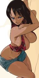 1girls belly_button big_breasts black_hair breasts busty cleavage curvy female female_only large_breasts long_hair midriff nico_robin one_piece pixel_art pose pre-timeskip seductive short_shorts shorts skimpy skimpy_clothes tan_body thick_thighs unbuttoned unbuttoned_shorts whoopsatro