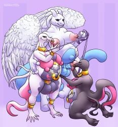 absurd_res afoxywitch anthro chastity_cage chastity_device collar generation_1_pokemon generation_7_pokemon group hi_res leash leash_pull leashed_collar legendary_pokemon mewtwo navel navel_piercing nintendo piercing pokemon pokemon_(species) pregnant salazzle trio what wings