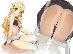 1girls absurdres ahoge anus ass ass_focus ass_press bar_censor bikini black_skirt blonde_hair blush bow censored cleavage commentary female female_only frilled_hairband frills glass_chair green_eyes hairband highres hoshii_miki idolmaster idolmaster_million_live! long_hair looking_at_viewer maid maid_bikini maid_headdress medium_breasts miniskirt navel on_floor perorin pussy see-through sitting skirt small_breasts smile solo thighhighs thighs unconventional_maid upskirt