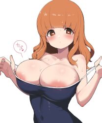 areolae aroused blush embarrassed gigantic_breasts girls_und_panzer heart heart-shaped_pupils huge_breasts japanese_text nipples one-piece_swimsuit pulling_swimsuit sukumizu takebe_saori text upper_body yabai_gorilla