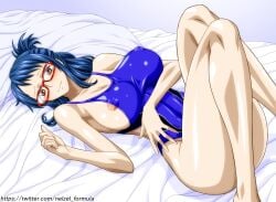 1girls areola_slip blue_hair braid breasts covered_erect_nipples female female_only glasses looking_at_viewer lying nel-zel_formula one_piece solo swimsuit tashigi