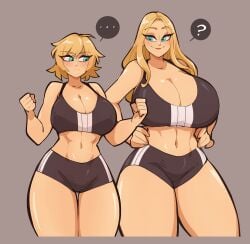 2girls abs athletic athletic_female big_breasts blonde_hair blue_eyes breast_envy cleavage clothed duo duo_focus light-skinned_female light_skin long_hair medium_support_(meme) meme meme_attire original_characters saucymojo short_hair siblings sisters tabitha_arkwright_(saucymojo) tank_top tatiana_arkwright_(saucymojo) thick_thighs thin_waist thunder_thighs