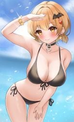 1girls 2023 belly big_breasts bikini bikini_bottom bikini_top black_bikini black_bikini_bottom black_bikini_top blonde_hair blush breasts choker cleavage collarbone eyebrows_visible_through_hair female hair_ornament hand_on_own_thigh hand_on_thigh hololive hololive_gen_1 hololive_japan looking_at_viewer nagamok navel smile solo thighs virtual_youtuber yellow_eyes yozora_mel