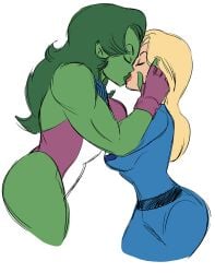 2girls avengers big_breasts blonde_hair bodysuit clothed fantastic_four female female_only glassfish green-skinned_female green_hair green_skin hulk_(series) invisible_woman kissing leotard lesbian light-skinned_female marvel marvel_comics muscles muscular_female she-hulk sue_storm white_background yuri