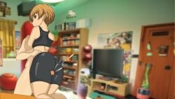 bowl_cut cum cum_outside cute darkdemarley ejaculation female game looking_back nsfw penis persona persona_4 satonaka_chie shy thigh_sex tomboy visual_novel