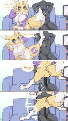 anthro bandai_namco big_breasts black_sclera blue_eyes blush breasts canid canine digimon digimon_(species) erection featureless_breasts featureless_crotch female fur genitals hi_res hinata_sakamoto human male mammal nude penis renamon white_body white_fur yellow_body yellow_fur