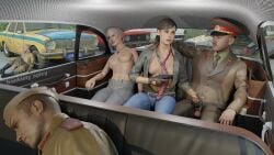 2girls 3boys 3d bangs blender blonde_female blonde_hair blue_eyes boots breasts breasts_out british british_female brown_hair call_of_duty call_of_duty_black_ops_cold_war car female frankiely_spicy gun gunpoint handjob held_at_gunpoint helen_park_(cod) inside_car jeans knocked_out leather leather_boots leather_gloves looking_at_another looking_at_partner looking_back makeup mercedes-benz military military_hat military_uniform moustache necklace necktie outdoor outdoors outside pale-skinned_female pale_skin ponytail russian russian_girl shirt shirt_open shirtless shirtless_female short_hair smile smiling smiling_at_partner soviet tied_hair topless touching_penis unconscious uniform yirina_portnova