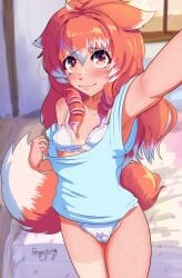 1girls bed blush bra brown_eyes cameltoe clothes_pull drill_hair ears_down embarrassed flashing fox_ears fox_girl fox_tail freckles gradient_hair looking_at_viewer original original_character panties petite poppytart red_hair selfie shirt solo standing tanline thighs tira_(poppytart) underwear