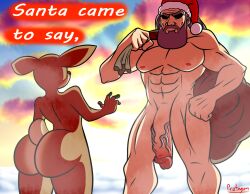 anthro ass big_butt brown_body christmas deer english_text female genitals hi_res holidays human male mammal muscular muscular_male nude penis protagon santa_claus text vein veiny_penis