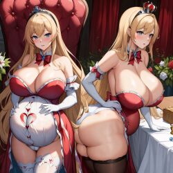 ai_generated ai_hands alice_in_wonderland alice_liddell bimbo blonde_female blonde_hair heart pregnant princess queen red_clothes red_clothing white_clothes white_clothing