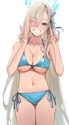 asuna_(blue_archive) beauty_mark_on_breasts blue_archive cameltoe cowboy_shot grin harui_(huruyi_817) huge_breasts millennium_science_school_student peace_sign smile swimsuit thick_thighs v wet wet_skin wide_grin