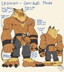 bandai_namco barazoku bottomwear clothing digimon digimon_(species) felid himbo leather leather_bottomwear leather_clothing leather_pants leomon lion male male_only mammal mane model_sheet muscular pantherine pants rickleone