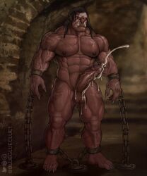 abs arms_restrained balls bdsm blueglueclue bodily_fluids chained cum dark-skinned_male dark_skin ejaculation erection facial_piercing fangs genital_fluids genitals hi_res humanoid humanoid_pointy_ears j._r._r._tolkien legs_restrained male male_only metal_chain middle-earth_(tolkien) muscular muscular_humanoid muscular_male nipples nose_piercing nose_ring orc orc_male pecs penis piercing ring_piercing scar shackled solo teeth uruk-hai vein veiny_muscles veiny_penis