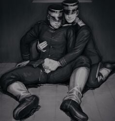 2boys clothed_sex clothing cum cumshot golden_kamuy handjob male male/male male_only military military_uniform monochrome multiple_boys ogata_hyakunosuke usami_tokishige yaoi