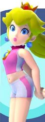 1girls 3d arms_behind_back athletic_shorts athletic_uniform athletic_wear blonde_hair blue_eyes breasts crown earrings edit edited_screencap female female_only high_ponytail legs lips lipstick looking_at_viewer mario_(series) mario_and_sonic_at_the_olympic_games midriff navel nintendo pink_lipstick ponytail pose posing princess princess_peach sensual shorts sleeveless sleeveless_shirt small_breasts smile solo sports_shorts sports_uniform sportswear thighs tied_hair