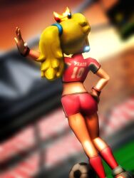 1girls 3d 3d_(artwork) ass big_ass blonde_hair female female_only hand_on_hip legs mario_(series) mario_strikers midriff nintendo pink_shorts ponytail pose posing princess princess_peach sensual shorts smile soccer soccer_ball soccer_uniform solo sports sportswear tagme thighs virtualblueam2