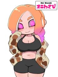 :> adorable bike_shorts blush female large_breasts makino_nono octoling octoling_girl oni_wasabi_(makino_nono) original_character plump solo spats splatoon sports_bra