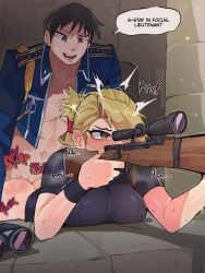 1boy absurdres amestris_military_uniform black_hair blonde_hair bolt_action bottomless diforland english_text female fullmetal_alchemist gun highres holding holding_gun holding_weapon jacket military military_uniform prone_bone rifle riza_hawkeye roy_mustang scope sex sex_from_behind shirt short_hair sniper_rifle sweat trembling uniform weapon yellow_eyes