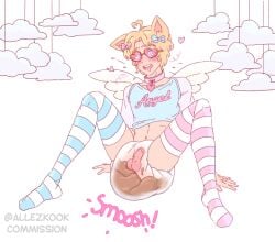 1boy allezkook angel_wings collar crop_top diaper drooling erection erection_under_diaper femboy girly heart_glasses humping male messy_diaper midriff penis pleasured_face scat thighhighs x-ray