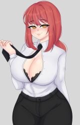 amber_eyes black_bra black_pants black_tie boob_drop chainsaw_man female female honeybee_0u0 makima_(chainsaw_man) mommy red_hair white_shirt