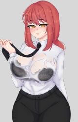 amber_eyes black_bra black_pants black_tie chainsaw_man female female honeybee_0u0 makima_(chainsaw_man) mommy red_hair wet wet_breasts wet_clothes wet_clothing wet_shirt wet_skin white_shirt