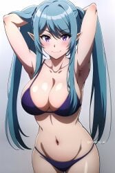 1girls ai_generated arms_behind_head big_breasts bikini blue_hair busty cleavage confident epsilon_(the_eminence_in_shadow) female female_only kage_no_jitsuryokusha_ni_naritakute! large_breasts long_hair looking_at_viewer navel pose posing sensual sexy_armpits smile solo the_eminence_in_shadow twintails