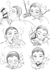 2boys blowjob blush deepthroat eye_contact fellatio golden_kamuy licking licking_penis male male/male male_focus male_only monochrome multiple_boys solo_focus usami_tokishige yaoi