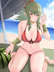 1girls absurdres adjusting_hair anklet bare_thighs barefoot beach beach_umbrella big_breasts bikini bracelet cleavage female female_only fire_emblem fire_emblem_awakening fire_emblem_heroes gold_choker green_eyes green_hair grin hair_ribbon high_ponytail highres jewelry kneeling large_breasts long_hair looking_at_viewer nintendo ocean official_alternate_costume outdoors parasol parted_lips peli_cantaro pointy_ears ponytail red_bikini red_ribbon red_swimsuit ribbon sand seiza sitting smile solo swimsuit teeth thighs tiara tiki_(adult)_(fire_emblem) tiki_(adult)_(summer)_(fire_emblem) tiki_(fire_emblem) umbrella watermark watermelon