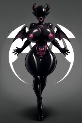 1girls ai_generated ankle_cuffs bald bat_wings big_lips_no_eyes demon_horns demon_wings drone dronesuit evelyn_hightower facing_viewer gaping_mouth large_breasts latex open_arms open_mouth pink_nipples pointy_ears pubic_tattoo solo solo_female standing tattoo tattoo_on_chest thick_thighs