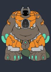 alligator alligatorid animal_genitalia anthro armor balls bear belly big_balls brown_body brown_fur crocodilian fur genitals hi_res male mammal metal muscular orange_armor penis reptile scalie sheath solo standing truck