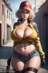 ai_generated big_breasts blonde_hair blue_eyes bra_visible_through_clothes breasts cindy_aurum cleavage female final_fantasy final_fantasy_xv girl hat looking_at_viewer short_hair shorts stable_diffusion thick_thighs winterzone