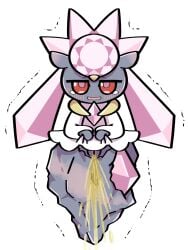 blush bodily_fluids bottomwear clothing colored diancie female feral generation_6_pokemon genital_fluids genitals hi_res holding_bottomwear holding_clothing holding_object holding_skirt legendary_pokemon looking_pleasured nintendo omorashi peeing pokemon pokemon_(species) pussy shaking simple_background skirt solo trembling urine urine_stream white_background yashirro