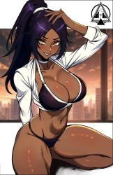 bikini black_bra black_underwear bleach blush bra breasts cleavage dark-skinned_female dark_skin dizzle female highres large_breasts legs long_hair looking_at_viewer nail_polish navel parted_bangs ponytail purple_hair shihouin_yoruichi shirt smile solo swimsuit thighs underwear white_shirt yellow_eyes