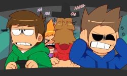 annoyed backseat car covering_ears edd_(eddsworld) eddsworld hoodie matt_(eddsworld) namae86884456 tagme tom_(eddsworld) tord_(eddsworld)