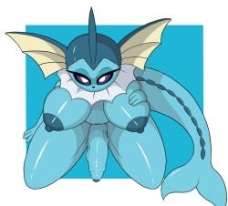 anthro big_breasts blue_body blue_skin breast_squish breasts eeveelution female fin futanari generation_1_pokemon genitals hand_on_breast intersex kneeling long_tail nintendo nipples penis pokemon pokemon_(species) poraka7 solo squish tail vaporeon vein veiny_penis