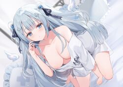 alternate_costume bed blue_eyes blue_hair blurry blurry_background blush breasts collarbone commentary_request curtains female hair_ornament highres indie_virtual_youtuber large_breasts long_hair looking_at_viewer nipples p_(p25234112) pillow seiza shirt sitting solo t-shirt virtual_youtuber waking_up wings yuha_uyu