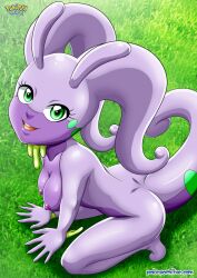 1girls antennae big_eyes breasts dragon dragon_type_pokemon eyelashes female female_only game_freak goodra goop grass green_dots green_eyes looking_at_viewer outdoors palcomix pokemon pokemon_(anime) pokemon_(game) pokemon_(species) pokepornlive purple_skin sitting smiling_at_viewer solo solo_female tail teeth_showing violet_skin