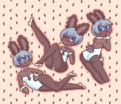 blush bottomlessbreadstixx bunny_ears bunny_girl bunnysuit dark_skin fishnet_legwear multiple_images seabunny sitting white_bunnysuit white_hair