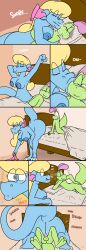 absurd_res alice_(jamearts) anthro asscheeks bed bedroom blanket blonde blue_body blue_eyes breasts dragon dragon_girl dragon_tail female female_on_top gecko green_body hi_res horny jamearts jimmy_(jamearts) kiss large_breasts lizard lizardman long_hair male naked naked_female naked_male nipples nude penis pillow pink_hair reptile saliva scalie sex vagina