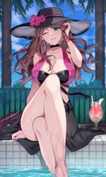 1girls absurdres adjusting_hair alternate_costume bare_legs bikini black_bikini black_swimsuit breasts brown_hair choker cleavage commission crossed_legs dorothea_arnault dorothea_arnault_(summer) drink earrings female female female_only fire_emblem fire_emblem:_three_houses fire_emblem_heroes flower green_eyes grin hand_in_own_hair hat hat_flower highres jewelry large_breasts long_hair looking_at_viewer nail_polish nintendo official_alternate_costume one_eye_closed outdoors pink_nails pool poolside sarong see-through shoes shoes_removed sitting skeb_commission smile sun_hat swimsuit tobio_illust