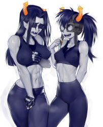 2girls big_breasts blue_bra blue_gloves blue_hair blue_leggings covering_eyes equius_zahhak glasses gloves homestuck horn horuss_zahhak lacryboy multiple_girls rule_63 sharp_teeth simple_background sweat tight_pants troll white_background