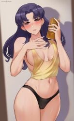 1girls areola_slip bare_shoulders beer_can big_breasts black_panties blue_hair blush breasts brown_eyes can cleavage covered_nipples dark_blue_hair hioyami large_breasts long_hair looking_at_viewer misato_katsuragi navel neon_genesis_evangelion nipple nipple_slip nipples nipples_visible_through_clothing no_bra panties parted_bangs parted_lips smile solo sweat tank_top thighs underwear yellow_tank_top