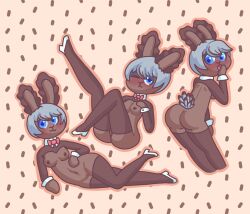 blue_eyes bottomlessbreadstixx bunny_ears bunny_girl dark_skin multiple_images nipples nude pussy reverse_bunnysuit seabunny shrug_(clothing) stockings white_hair