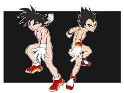 2boys arm_up arms_up black_background black_eyes black_hair border closed_mouth commentary convenient_arm cosplay dragon_ball english_commentary full_body gloves happy highres looking_at_viewer male_focus male_only marvelpoison multicolored_footwear multiple_boys nude outline outside_border outstretched_arm outstretched_arms red_footwear sega shadow_the_hedgehog_(cosplay) shoes short_hair simple_background smile son_goku sonic_(series) sonic_adventure_2 sonic_the_hedgehog_(cosplay) sonic_the_hedgehog_(series) spiked_hair standing symmetry toned v-shaped_eyebrows vegeta white_border white_gloves white_outline